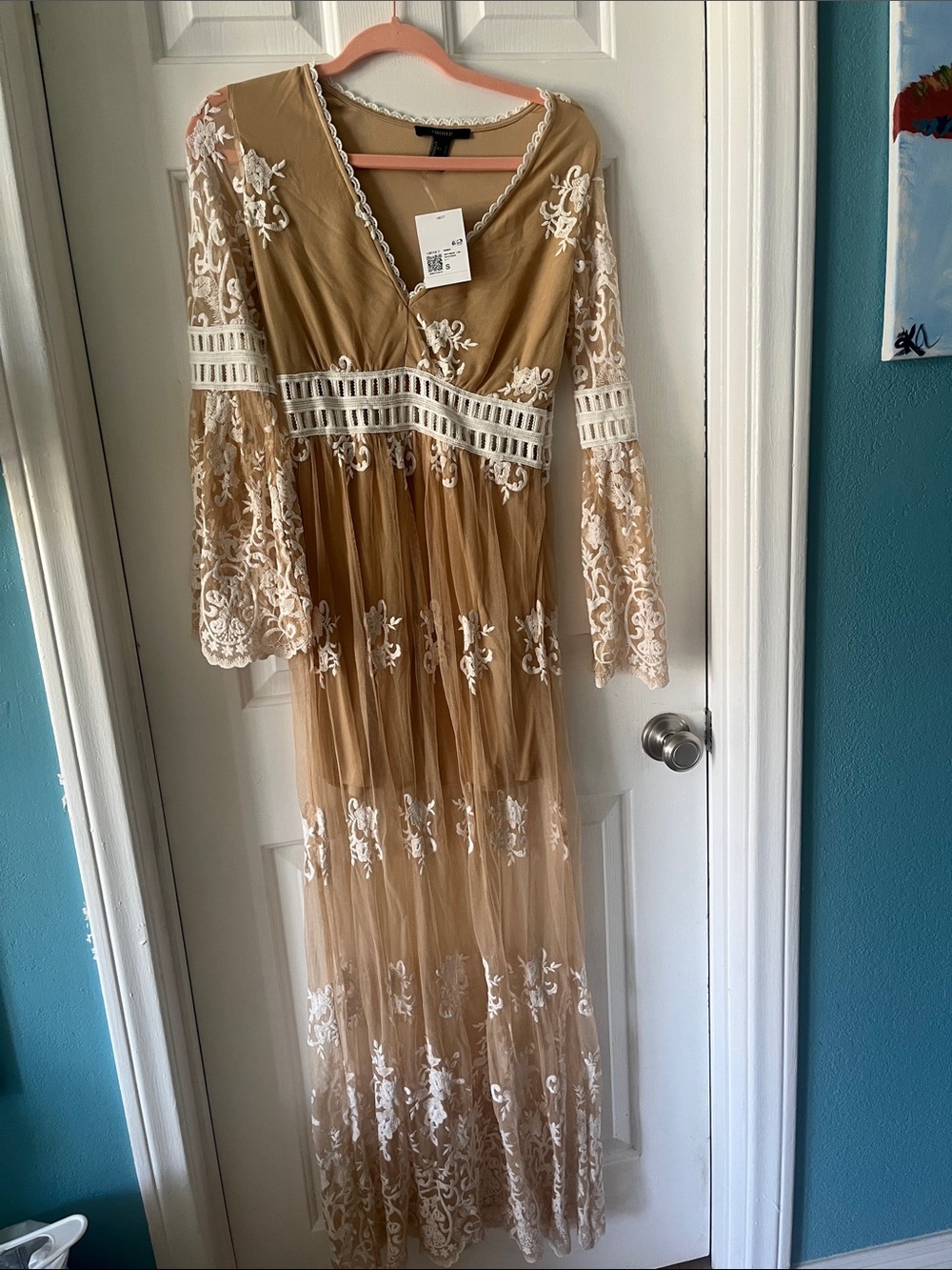 Forever 21 Tan Maxi Dress with White Lace Embroidery